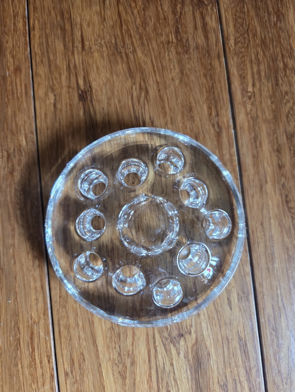 Vintage Glass Flower Frog Clear Round Floral Arranger 11 Hole Heavy Glass 3”